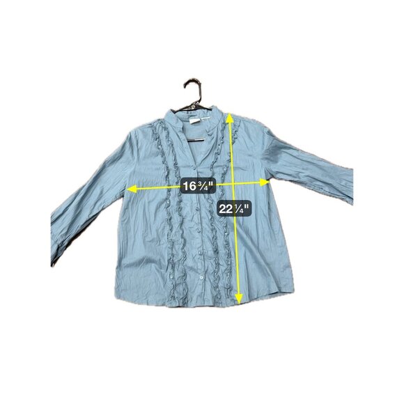 No Boundaries Button Front Ruffle Chambray Shirt Blue Embellished Career OffIce - Picture 7 of 9